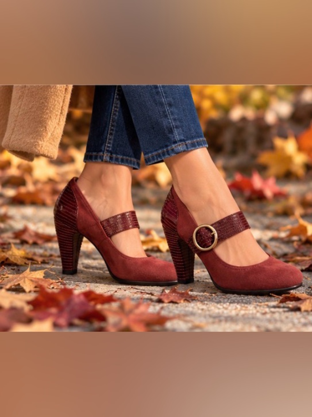 Söfft Burgundy Suede Mary Jane Heels Gold Buckle Size 8.5